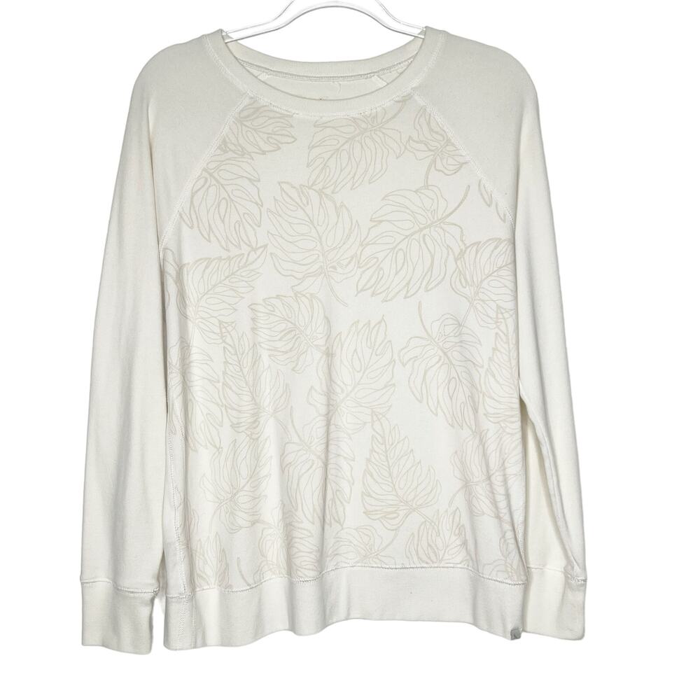 EDDIE BAUER Monstera Leaf Print Sweatshirt Scoop Neck Classic Fit Ivory Size L
